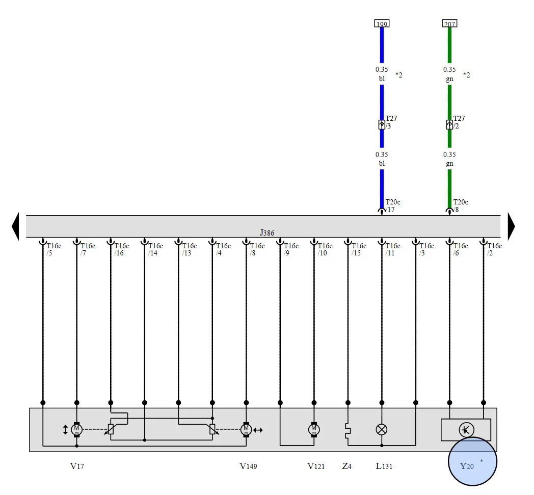 Y20 - mirror element, J386 - door module, T16е and Т20с - connectors on the door module, Т27 - connector in the door rubber band. All mirror wiring doesn't have any colors in ELSA diagrams. It looks like an OEM order.
