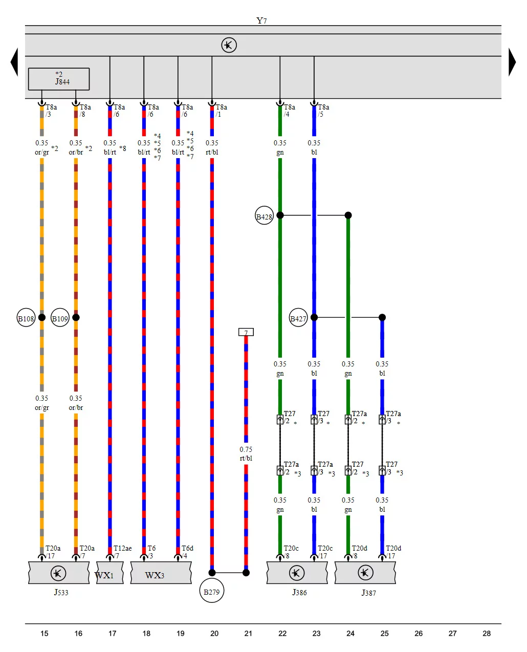 Y7 - interior mirror, J386 and J387 - door modules, T27 - rubber connectors