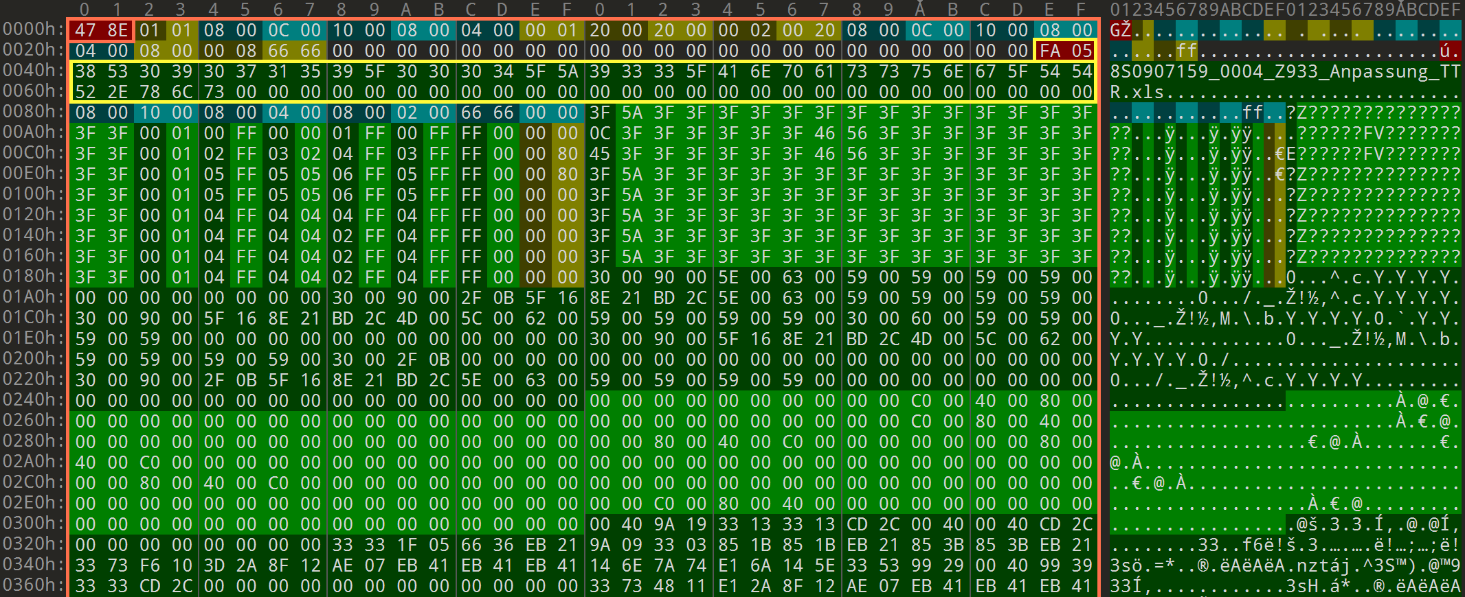 Yellow range is the filename. "0004" will be displayed as firmware version. CRC values marked red.